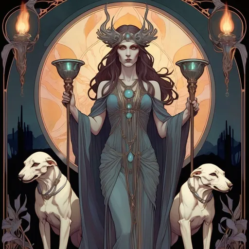 Prompt: Goddess Hekate, art nouveau, luminous, 8k, Waterhouse style, holding torches, hounds, skulls, concept art, detailed facial features, flowing robes, ethereal lighting, glowing torches, iridescent color palette, mystical atmosphere, high detailed, elegant, mythical, intricate art nouveau design