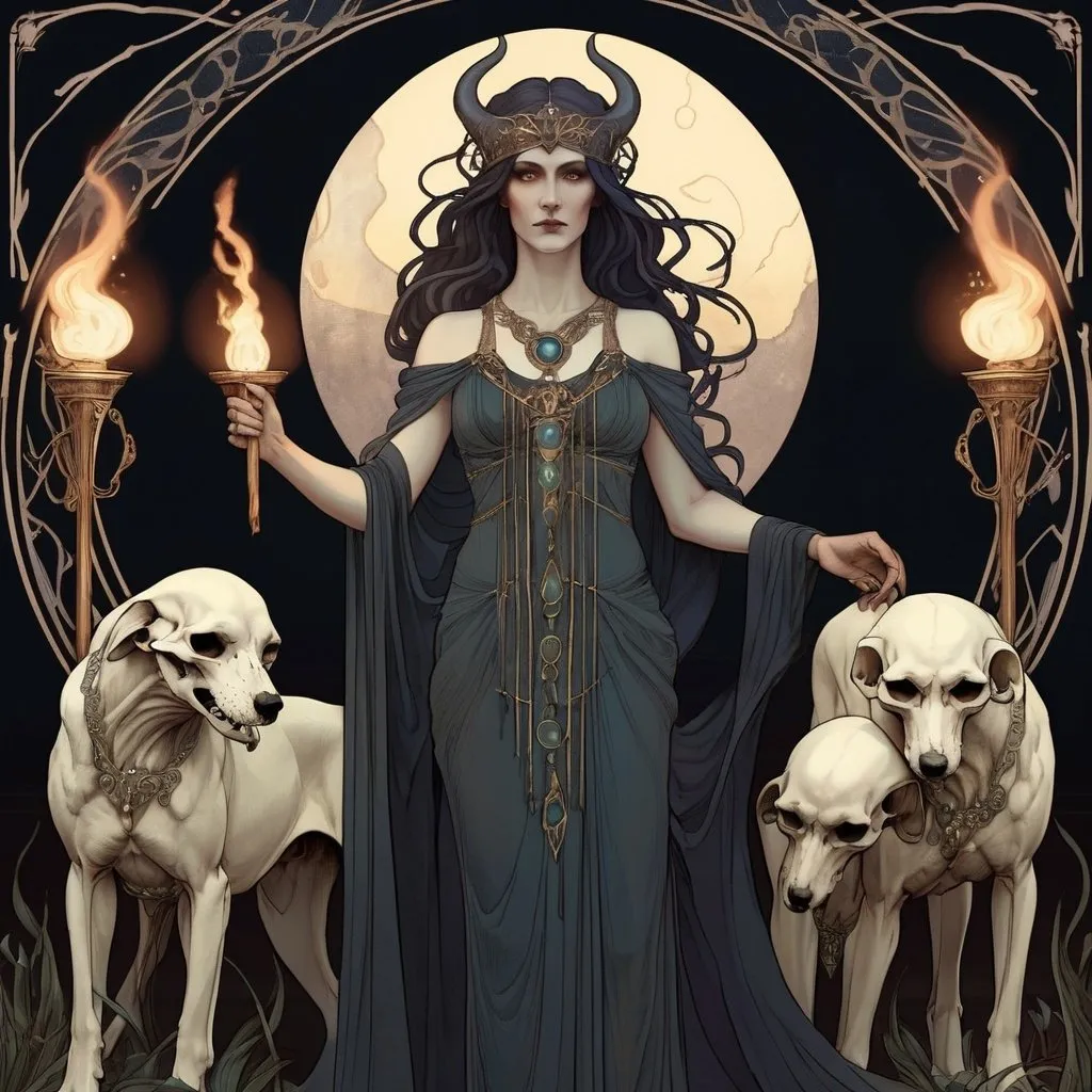 Prompt: Goddess Hekate, art nouveau, luminous, 8k, Waterhouse style, holding torches, black hounds, skulls, concept art, detailed facial features, flowing robes, ethereal lighting, glowing torches, iridescent color palette, mystical atmosphere, high detailed, elegant, mythical, intricate art nouveau design, crescent moons