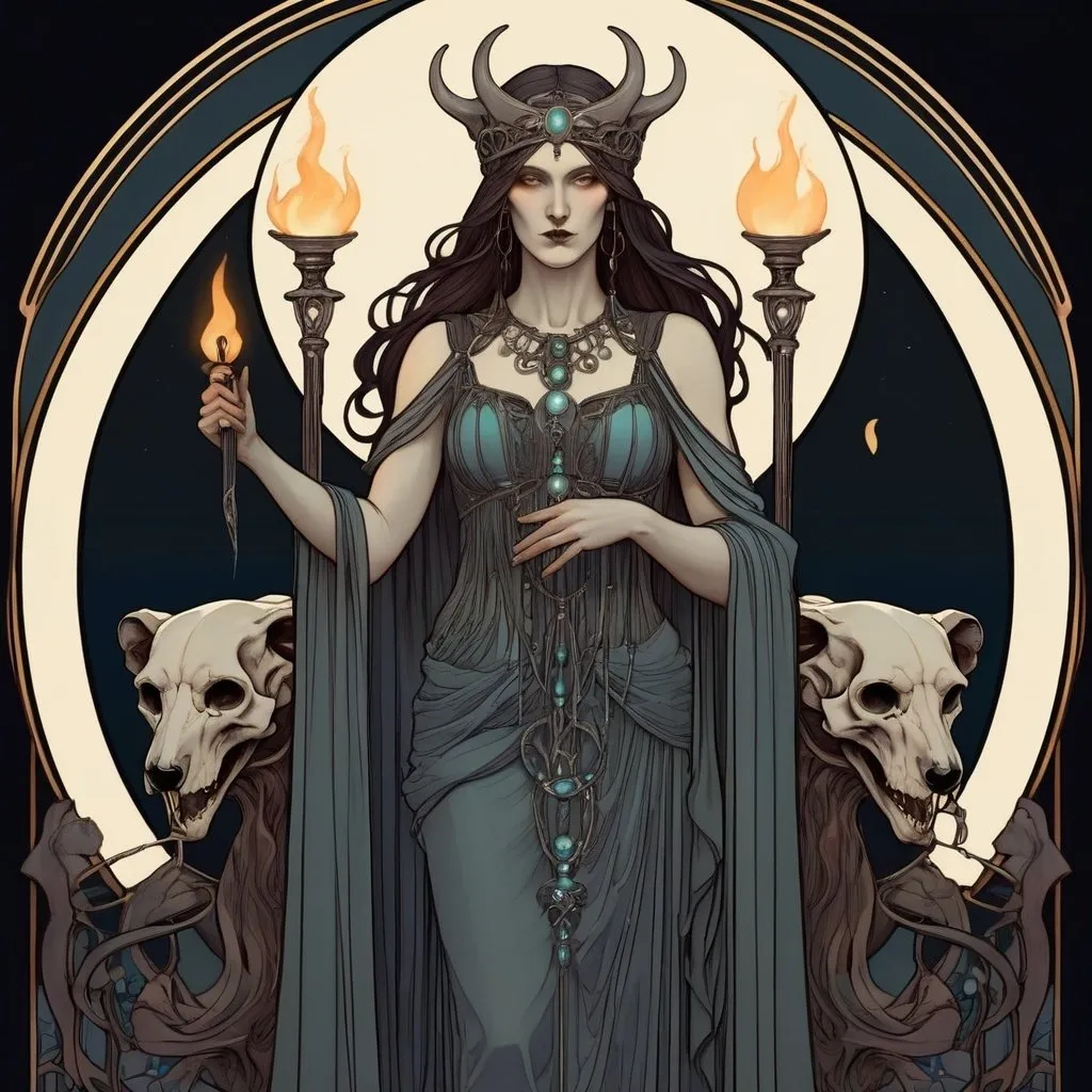 Prompt: Goddess Hekate, art nouveau, luminous, 8k, Waterhouse style, holding torches, black hounds, skulls, concept art, detailed facial features, flowing robes, ethereal lighting, glowing torches, iridescent color palette, mystical atmosphere, high detailed, elegant, mythical, intricate art nouveau design, crescent moons