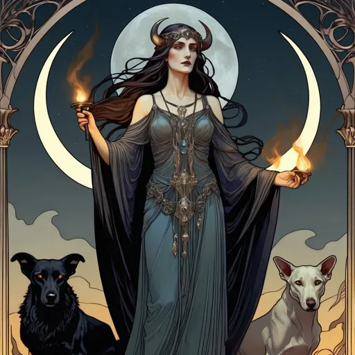 Prompt: Goddess Hekate, art nouveau, luminous, 8k, Waterhouse style, holding torches, black hounds, skulls, concept art, detailed facial features, flowing robes, ethereal lighting, glowing torches, iridescent color palette, mystical atmosphere, high detailed, elegant, mythical, intricate art nouveau design, crescent moons