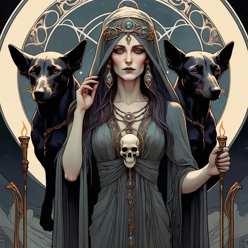 Prompt: Goddess Hekate, three faces,  art nouveau, luminous, 8k, Waterhouse style, holding torches, black hounds, skulls, concept art, detailed facial features, flowing robes, ethereal lighting, glowing torches, iridescent color palette, mystical atmosphere, high detailed, elegant, mythical, intricate art nouveau design, crescent moons