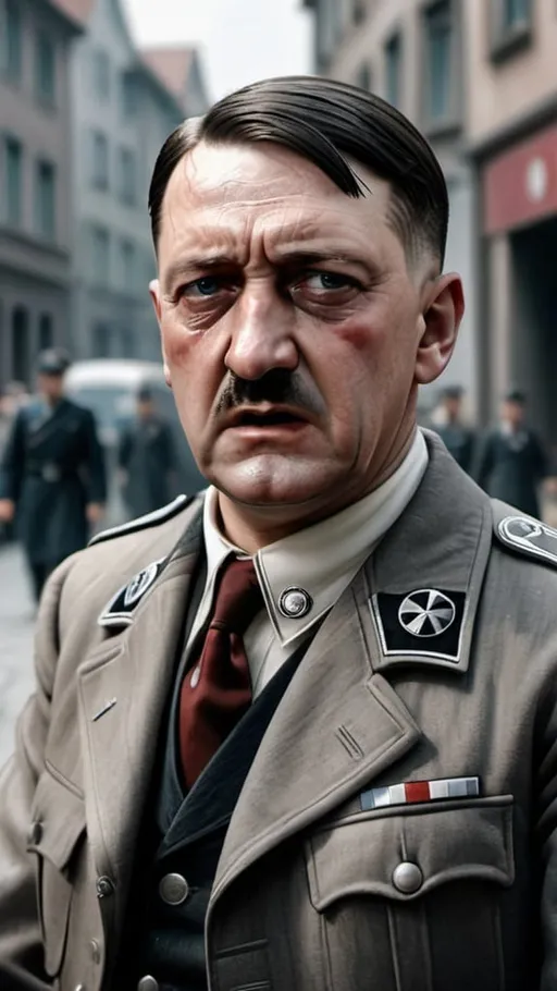 Prompt: Realistic of  Adolf hitler suffer injuries , background of street, Ultra realistic, 8k images