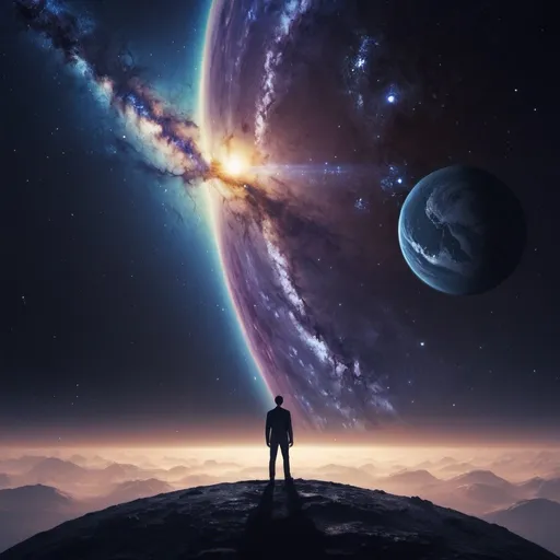 Prompt: a man standing on a planet looking at the galaxy