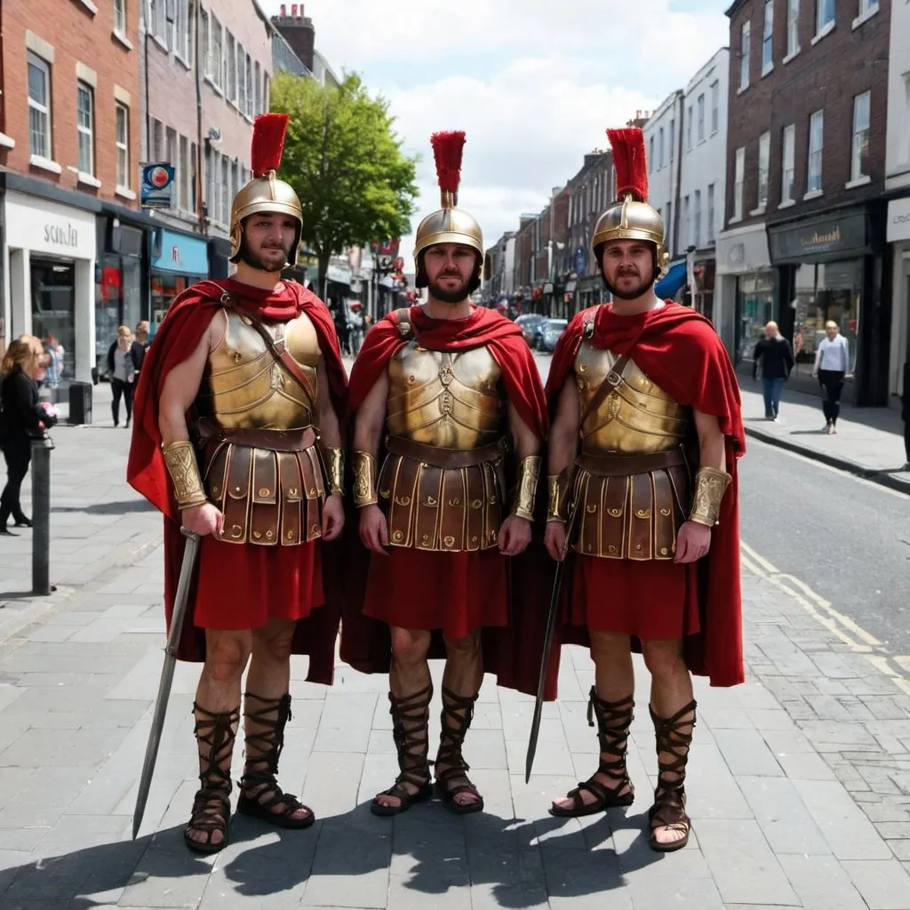 Prompt: three men dressed in roman soldier costume on street in Dublin