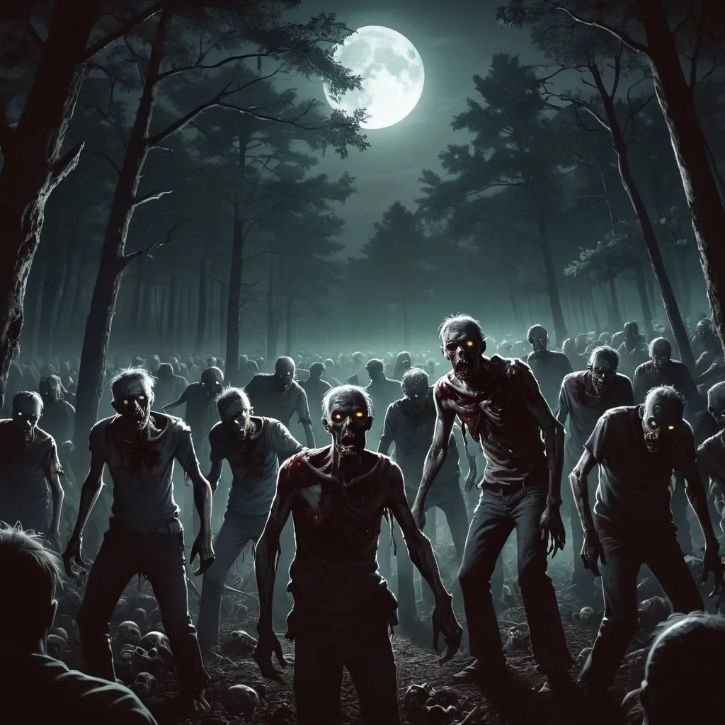Prompt: zombie horde in the forest at night

