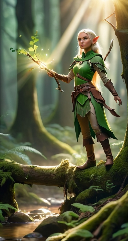 Prompt: Elf ranger in a mystical forest around sunlight