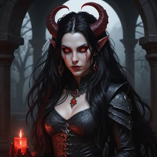 Prompt: Paladin Tiefling woman with long black hair, glowing red eyes, gothic renaissance fantasy, full body, high quality, fantasy art, gothic aesthetic, detailed hair, vampire, intense gaze, magical setting, dark and eerie lighting