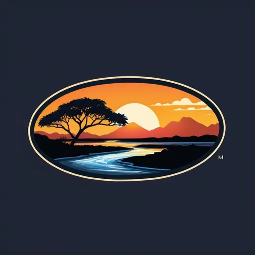 Prompt: A rectangular logo for a brand called Riparian. It must include a river and sunset in Africa