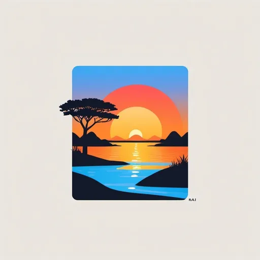 Prompt: A rectangular minimalistic logo for a brand called Riparian. It must include a river and sunset in Africa