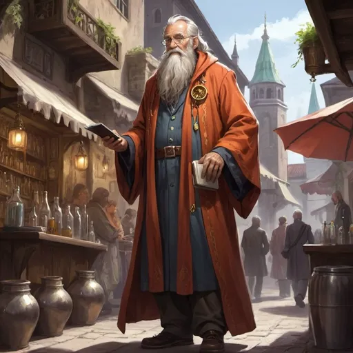 Prompt: Old town, old man scientist, living in capital, fantasy art, long beard, fancy robes, high status, tall