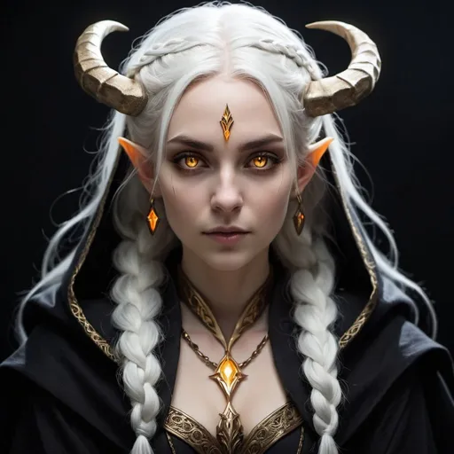 Prompt: Shadow elf woman, white hair with braids, pale white skin, golden glowing eyes, horns, wearing cloak, evil, darkness