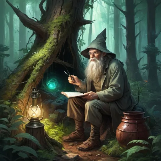 Prompt: Hermit scientist, living in forest, fantasy art