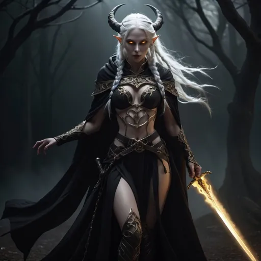 Prompt: Shadow elf woman, white hair with braids, pale white skin, golden glowing eyes, horns, wearing cloak, evil, dark atmosphere, full body view, holding two swords, high quality, fantasy, detailed, dark fantasy, glowing eyes, sinister horns, ethereal, flowing cloak, professional, dramatic lighting, mysterious 