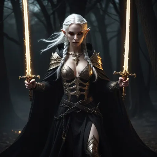 Prompt: Demon shadow elf woman, white hair with braids, pale white skin, golden glowing eyes, wearing cloak, evil, dark atmosphere, full body view, holding two swords, high quality, fantasy, detailed, dark fantasy, glowing eyes, ethereal, flowing cloak, professional, dramatic lighting, mysterious 