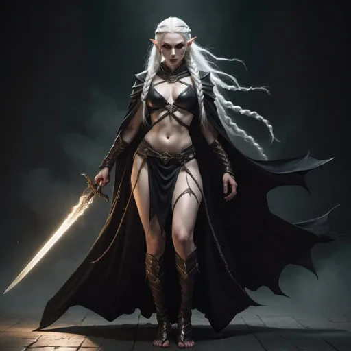 Prompt: Evil elf woman, demon, shadows, white pale skin, golden glowing eyes, white hair with braids, full body stance, holding two swords, wearing cloak