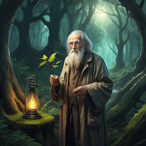 Prompt: Hermit old man scientist, living in forest, fantasy art