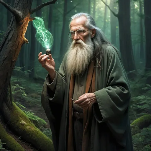 Prompt: Hermit old man scientist, living in forest, fantasy art, long beard, no magic, forest science 