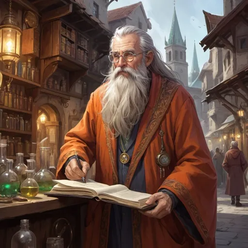 Prompt: Old town, old man scientist, living in capital, fantasy art, long beard, fancy robes, high status