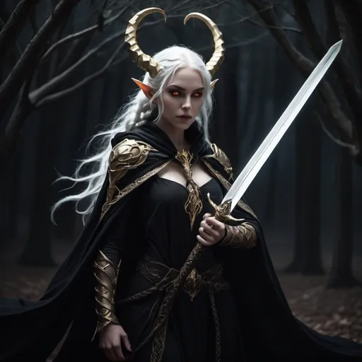 Prompt: Shadow elf woman, white hair with braids, pale white skin, golden glowing eyes, horns, wearing cloak, evil, dark atmosphere, full body view, holding two swords, high quality, fantasy, detailed, dark fantasy, glowing eyes, sinister horns, ethereal, flowing cloak, professional, dramatic lighting