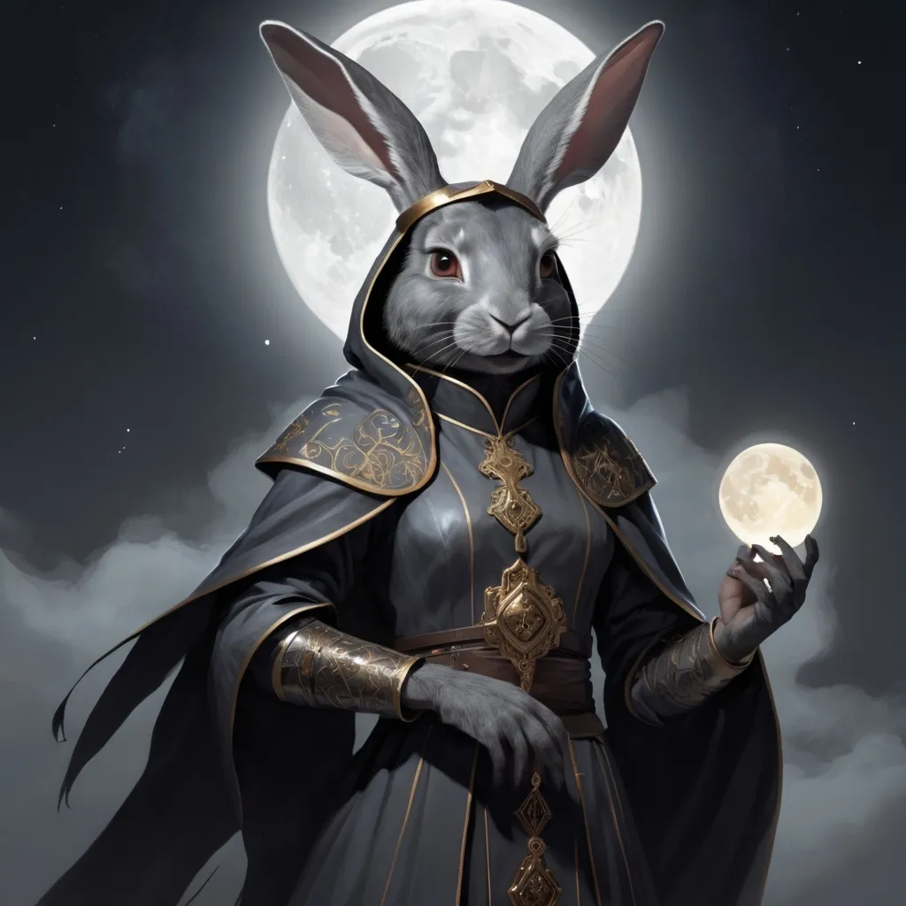 Prompt: a dark grey rabbit who is a cleric of a goddess of the night