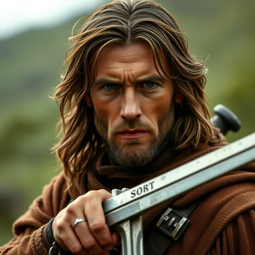 Prompt: aragorn played by young clint eastwood, half elf with a greatsword, the good the bad and the ugly