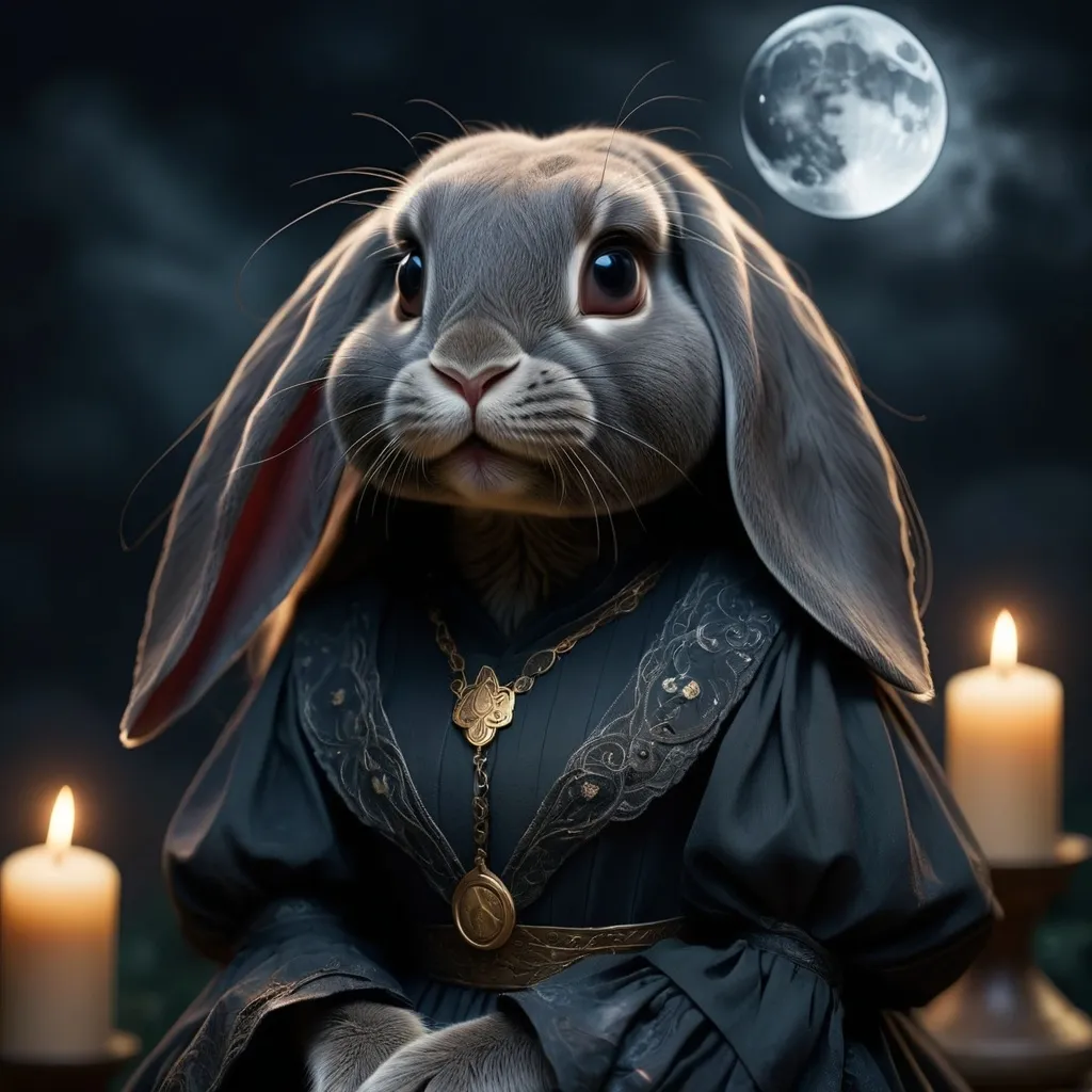 Prompt: dark dreamy portrait, ethereal atmosphere, soft focus, a dark grey lop rabbit who is a cleric of a goddess of the night, dark clothing, full moon