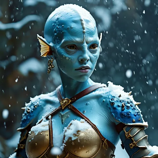 Prompt: a bald blue skinned triton female paladin of lathander, standing in a snowy environment and dressed for cold weather, avatar, shape of water, heroic action pose