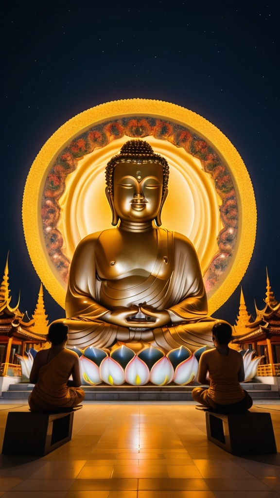 Prompt: a buddha statue in front of a large golden buddha statue in a temple at night with a full moon behind it, Ella Guru, cloisonnism, divinity, a statue