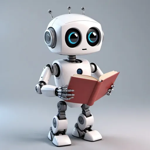 Prompt: cute robot holding a book standing to explain