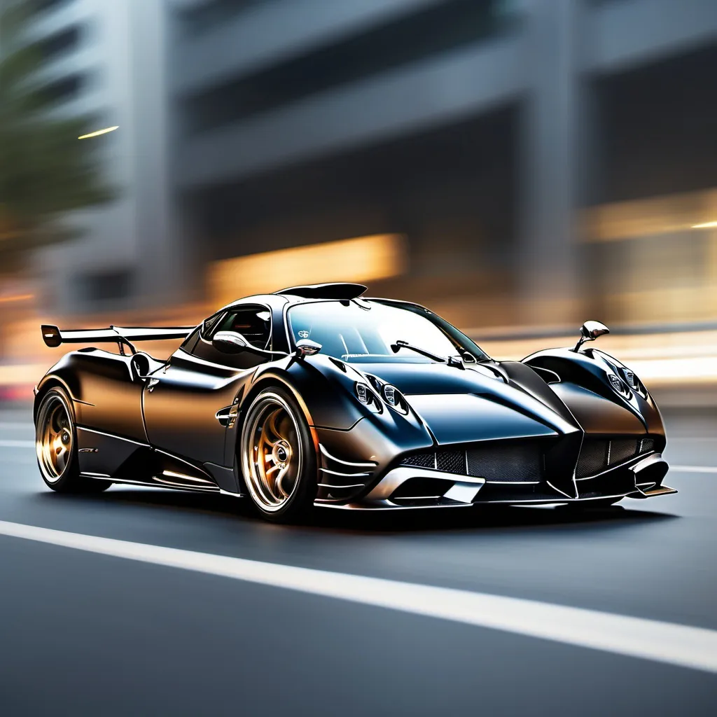 Prompt: a fantasy image of a black pagani zhonda in motion with a blurred background