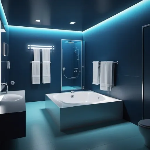 Prompt: Bathroom design for a hotel The idea is a squid game and it is with hidden lighting and blue color and there is a shower in it


