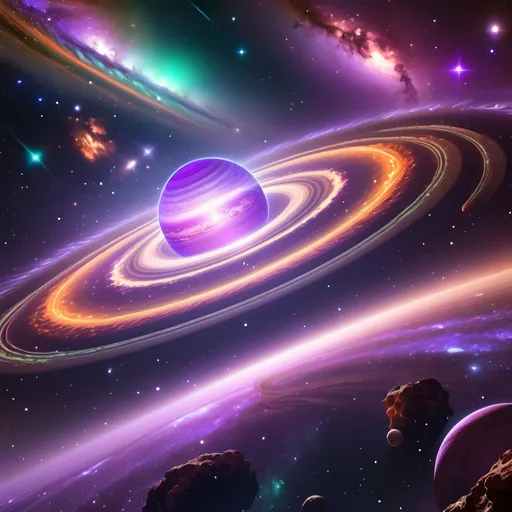 Prompt: A breathtaking view of outer space with vibrant, colorful nebulas glowing in shades of purple, blue, and pink, surrounded by clusters of shining stars. A distant spiral galaxy visible in the background with intricate details. A large, glowing planet with rings similar to Saturn, featuring a mix of orange and green hues, floating prominently in the foreground. Add small meteor showers and shooting stars for a dynamic effect. The scene is illuminated with soft, ethereal light, creating a serene and majestic cosmic atmosphere.