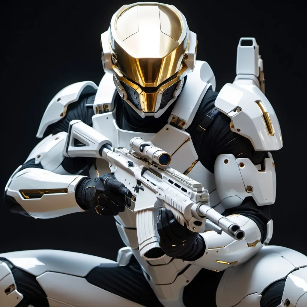 Prompt: A futuristic warrior, aiming a futuristic rifle close to his face, in a kneeling position, ready to open fire. with a halo-like mask and futuristic  white metal armor. The visor should be gold and reflective. With the rifle resembling a commercial rifle just futuristic 