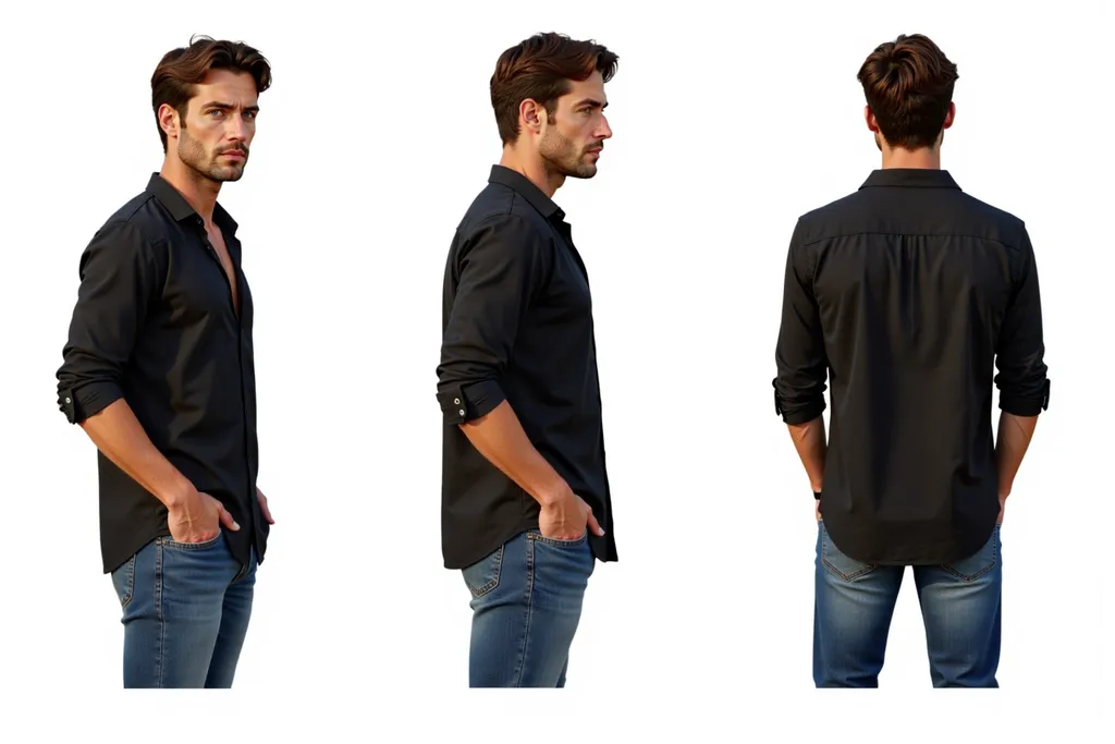 Prompt: A full-body character sheet of photorealistic adult male 2014922f with wavy brown hair, light eyes, stubble, black open-collar shirt displayed in three clear views on a clean white background, arranged in a three-column grid pattern with equal spacing and importance. Left panel: front view showing complete anatomical details and outfit. Center panel: perfect 90-degree side view (profile) clearly showing the character's side silhouette, facial profile, and outfit from a direct lateral perspective. Right panel: back view revealing posterior details Each view maintains consistent scale, lighting, and full-body presentation from head to toe. All three perspectives must be equally detailed and given equal prominence in the composition.