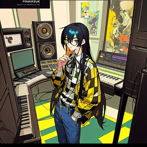 Prompt: Skinny, glasses and neck-length long-haired Korean man. Wearing a checkered overfit long-sleeved shirt combined with yellow and black, and wide-fit jeans. He wears a Sony headset around his neck. This is a composer. Make sure you work hard on the beats in your studio.
Anime style. room view.