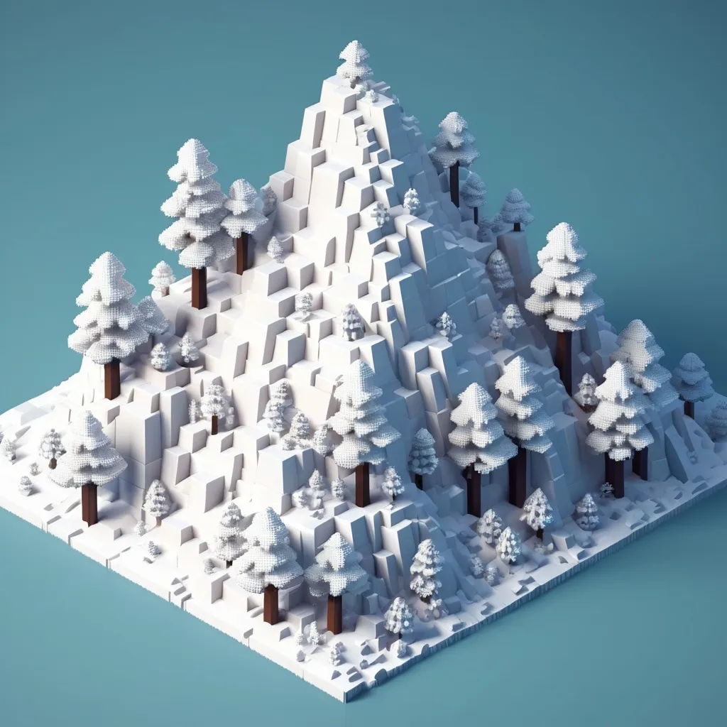 Prompt: voxel 3d render, blocks, mountain with snow ant trees