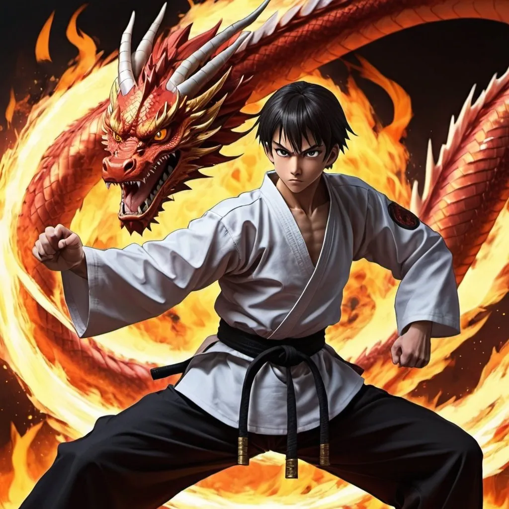 Prompt: anime martial arts expert make him a 17 year old boy with a fire dragon behind him