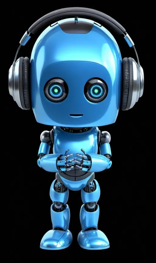 Prompt: a friendly and young looking blue robot in a full length head to feet pose, facing forwards with headphones on and a transparent background, comic style but still 3d, computer art, robot, a computer rendering. An AI concept to it. with headphones having no wires and goggles covering the eyes. Arms and body (chest and torso) to be fully covered