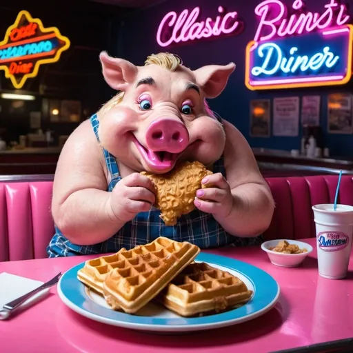 Prompt: A Big Fat Hog sitting at a classic diner table eating chicken and waffles with stains on its flannel and a pink and blue neon signs in the background