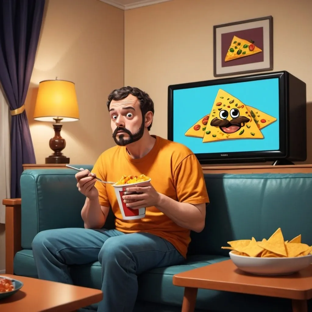 Prompt: a cartoonish man sitting on coach eating nacho watching a tv show in the room alone

