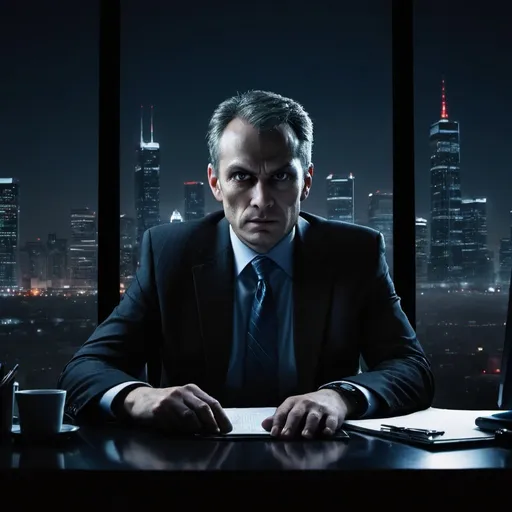 Prompt: an evil businessman sitting behind his desk with a nighttime cityscape visible behind him
