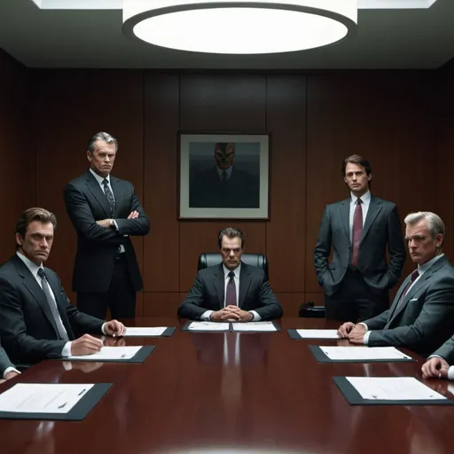 Prompt: 1080 x 1920—An auto company's boardroom; one evil looking executive stands at the head of the conference table, other suited executives sit around the table