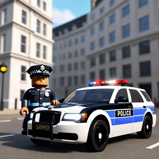 Prompt: Roblox London police SUV with tintted glass and with roblox police officer, is speeding 
with emergency lights at london streets.