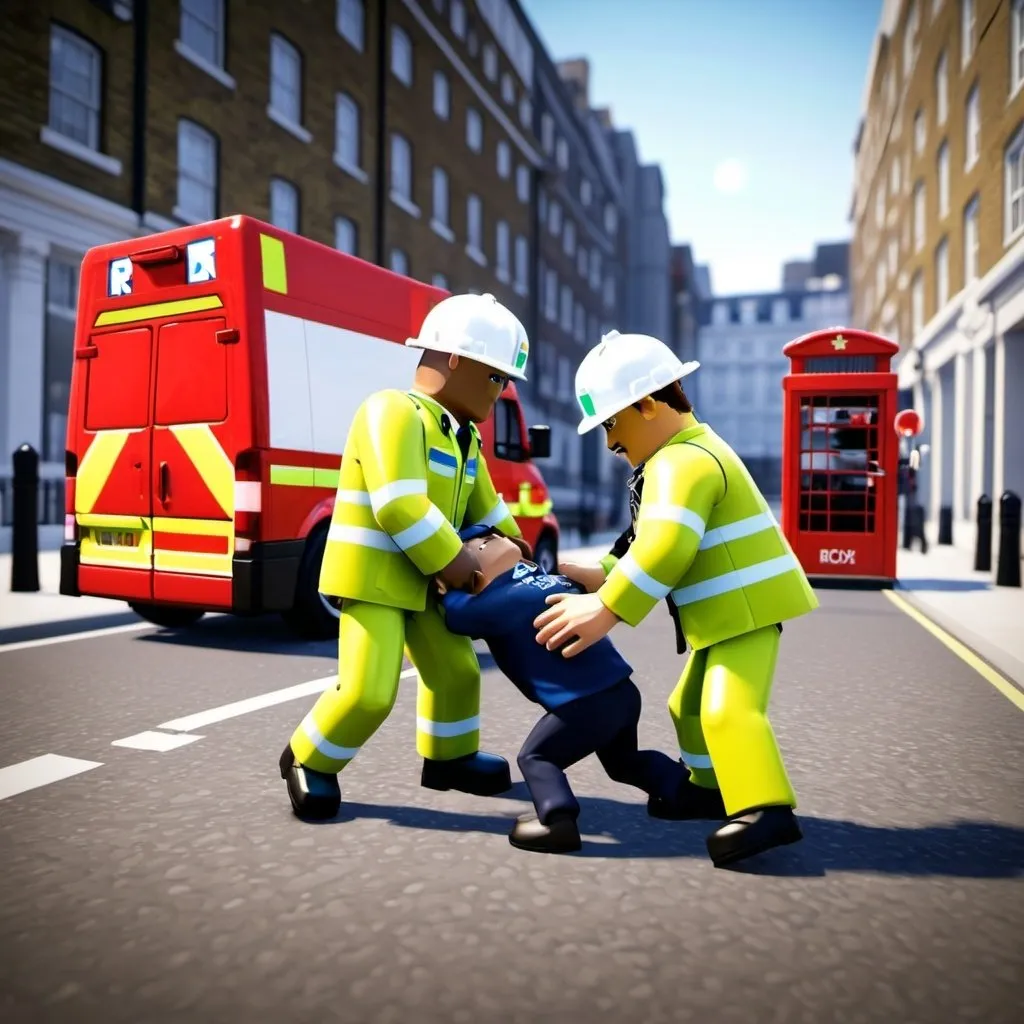 Prompt: Roblox London paramedic,is saving Roblox London citizen in Roblox London street.