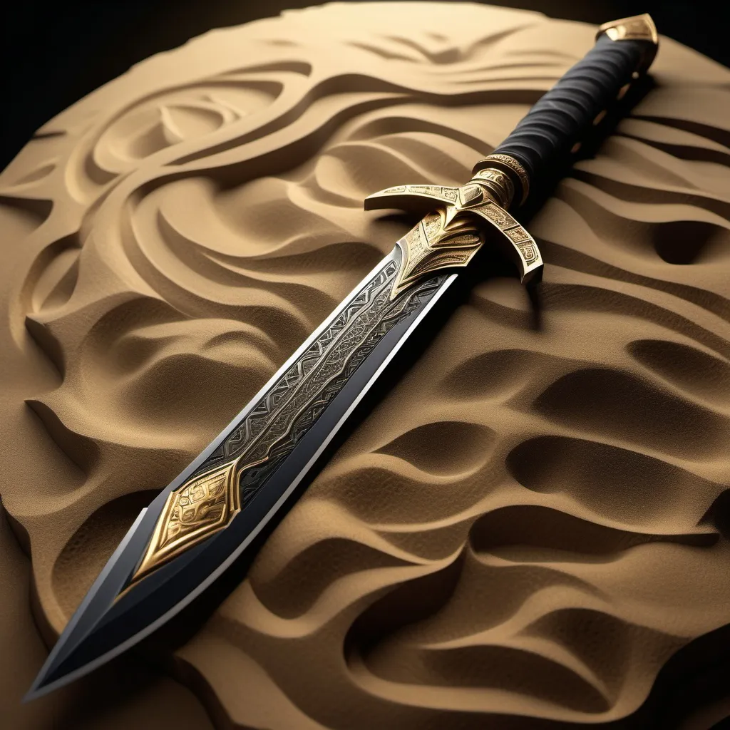 Prompt: (ancient khopesh crafted by Anubis), (darkened black and gold blade), intricate engraved details, darkened, used ancient texture, soft gold glow illuminating the blade, sand illuminated by the glowing blade, dark mystical energy, high-quality 4K, dramatic lighting emphasizing the sword’s look and color, a sense of power and lost history.