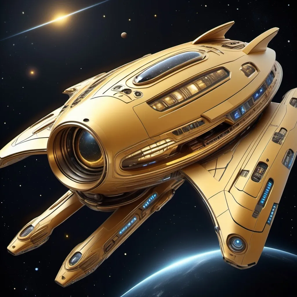 Prompt: (realistic spaceship designed by Atlas), (golden exterior), (slight yellow glow), sleek and modern design, intricate details and patterns, high-tech features, futuristic style, cosmic backdrop with distant stars, ethereal atmosphere, sci-fi theme, ultra-detailed, HD quality, capturing the essence of space exploration.