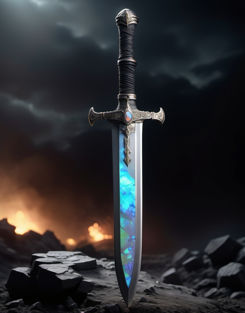 Prompt: (a sword from a war torn battlefield), crafted from (the remnants of a tank), adorned with (opal from a past war), a subtle (grey glow) emanating around it, set against a dark, dramatic backdrop of an battlefield of a past war, emphasizing its power and history, (4K resolution), (ultra-detailed), showcasing every exquisite feature and texture of the sword.