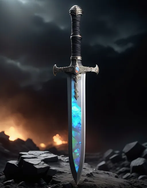 Prompt: (a sword from a war torn battlefield), crafted from (the remnants of a tank), adorned with (opal from a past war), a subtle (grey glow) emanating around it, set against a dark, dramatic backdrop of an battlefield of a past war, emphasizing its power and history, (4K resolution), (ultra-detailed), showcasing every exquisite feature and texture of the sword.