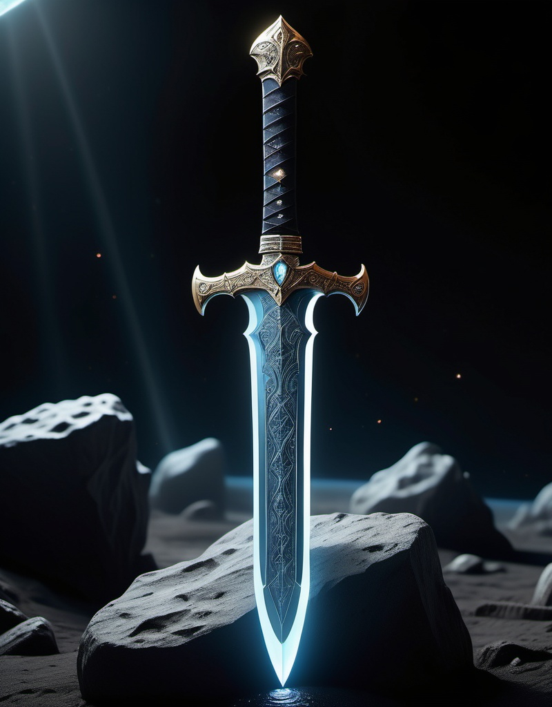 Prompt: (beautiful sword), crafted from (space rocks glowing from the cosmos), adorned with (hardened water), intricate (engravings) enveloping the entire surface, a subtle (ethereal glow) emanating around it, set against a dark, dramatic backdrop of space, emphasizing its luxury and craftsmanship, (4K resolution), (ultra-detailed), showcasing every exquisite feature and texture of the sword.