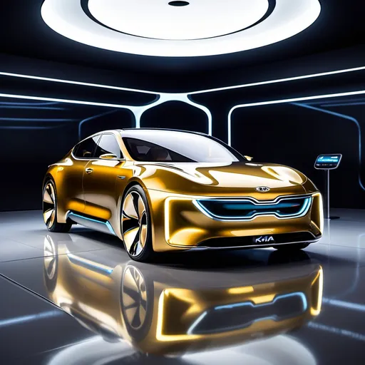 Prompt: (golden concept Kia EV9), futuristic design, (glowing radiantly), sleek aerodynamic shape, modern showroom background, futuristic architecture, bright lighting, shimmering reflections, ultra-detailed, shiny metallic surfaces, vibrant ambiance, high-tech elements, captivating atmosphere, showcasing advanced automotive innovations, (high quality 4K), imaginative vision of the year 3000.